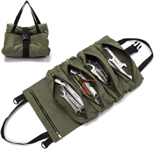 Vista 2 de Rollo de herramientas súper enrollable, bolsa de herramientas multiusos enrollable, rollo de llaves, cubo organizador de herramientas de lona, kit