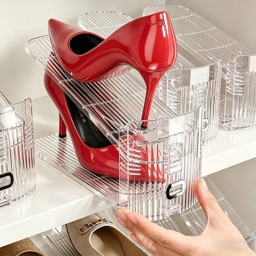 Vista 3 de Neprock Organizador de ranuras para zapatos para armario, paquete de 12 apiladores de zapatos acrílicos para un par de zapatos, 3 niveles ajustables