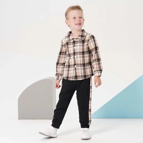 Vista 2 de KIMI BEAR Toddler Baby Boy Clothes Long Sleeve Hoodie Outfits Plaid Flannel Shirt Top Sweatpants Fall Winter Clothing