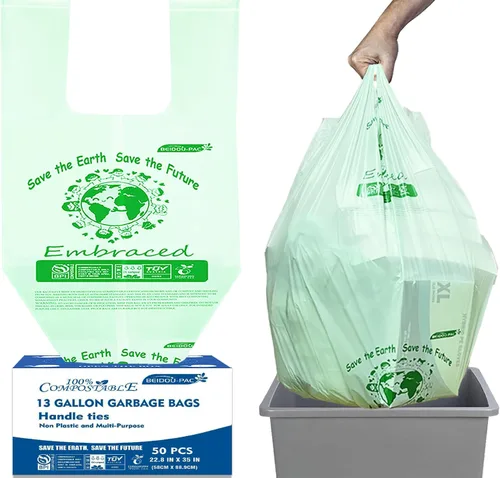 Vista 13 de BEIDOU-PAC Bolsas de basura compostables certificadas de 1.6 galones con asa, 125 bolsas de basura pequeñas de compost para cocina, bolsas de basura
