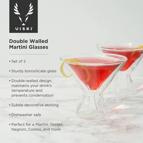 Vista 2 de Viski Vasos de cóctel de doble pared, vasos de Martini aislados con diseño de cristal cortado, aptos para lavavajillas, vidrio de borosilicato