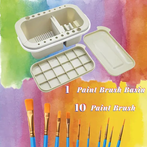 Vista 7 de ZLY Limpiador de pinceles de pintura con 10 pinceles de pintura, soporte para pinceles y organizadores con paleta para acrílico, para acuarela
