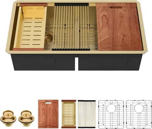 Vista 13 de Lordear Fregadero de cocina de 28 pulgadas de acero inoxidable de calibre 16 con doble plato y estación de trabajo de montaje inferior de 60/40