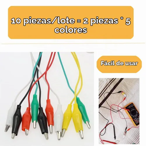 Vista 3 de 10 clips eléctricos de cocodrilo de alta calidad, 5 cables de prueba de colores con sondas de prueba, cables de puente de cocodrilo con clips