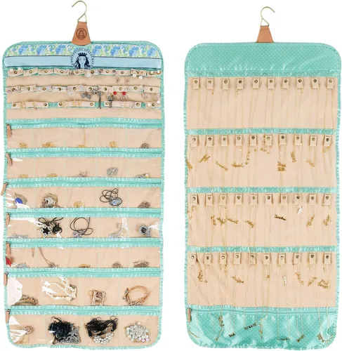 Vista 19 de Angelina's Palace Tenby Jewelry - Organizador de doble cara para colgar en el armario, rollo de almacenamiento de joyas, 24 barras de anillos