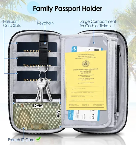 Vista 5 de BKNOOU Soporte para pasaporte familiar, organizador de documentos de viaje con correa cruzada para muñeca, cartera impermeable para pasaporte