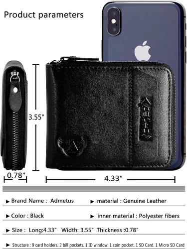 Vista 47 de Admetus - Cartera de piel auténtica para hombre con cremallera, plegable