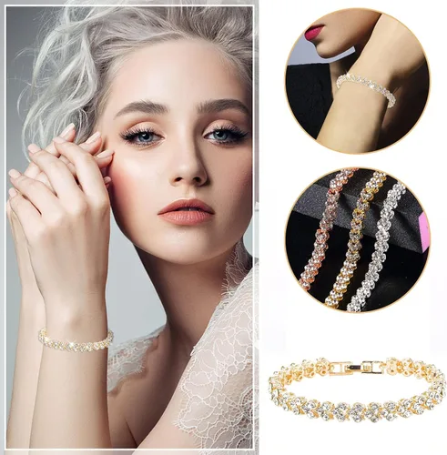 Vista 4 de Pulseras de eslabones de moda para mujeres y niñas, pulsera de diamantes de imitación de drenaje único de oro para mujer, pulseras de diamantes