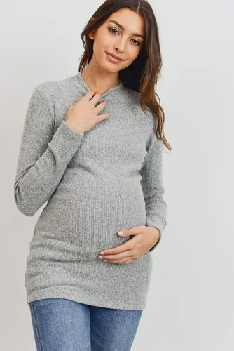 Vista 4 de Camiseta de maternidad de punto acanalado para mujer con cuello alto falso de manga larga