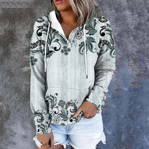 Vista 2 de Sudadera Henley con botones abiertos para mujer, sudadera con capucha y estampado floral, manga larga, recortada, con cordón