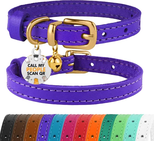 Vista 14 de BRONZEDOG Collar de cuero para gato con campanas extraíbles sin liberación rápida, etiqueta QR para gatito para niña y niño