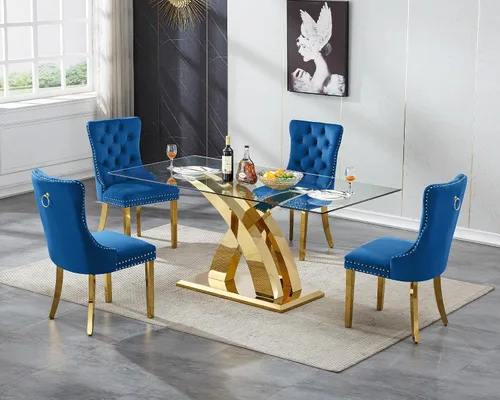 Vista 40 de Juego de mesa de comedor de cristal plateado moderno de 70 pulgadas para 4, juego de mesa de comedor rectangular de 5 piezas con patas de acero
