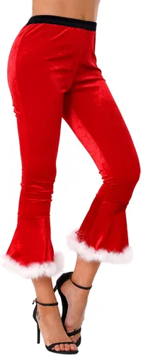 Vista 3 de Nikiikoo Disfraz de Sra. Santa Claus para mujer, de terciopelo suave y cálido, pantalones acampanados para Navidad, con ribete de piel sintética