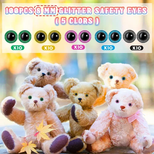 Vista 2 de 100 ojos grandes de seguridad para Amigurumi - Ojos de ganchillo de plástico con purpurina para manualidades de osos títeres, suministros