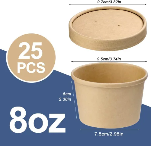 Vista 2 de Paquete de 25 recipientes de sopa de 8 onzas con tapas, taza de sopa de papel desechable, recipientes de papel para alimentos con tapas, recipiente