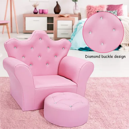 Vista 7 de Sofá para niños de Costzon, sofá tapizado para niños con otomano, sofá de princesa con decoración de diamantes, otomano, silla para niños de PVC