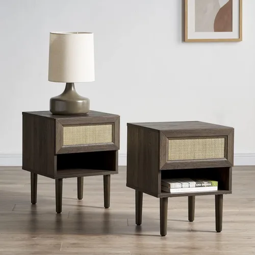 Vista 11 de Mopio - Mesita de noche Haylee de ratán, mesa auxiliar perfecta para sala de estar y dormitorio que complementa tu cama o sofá (carbón)