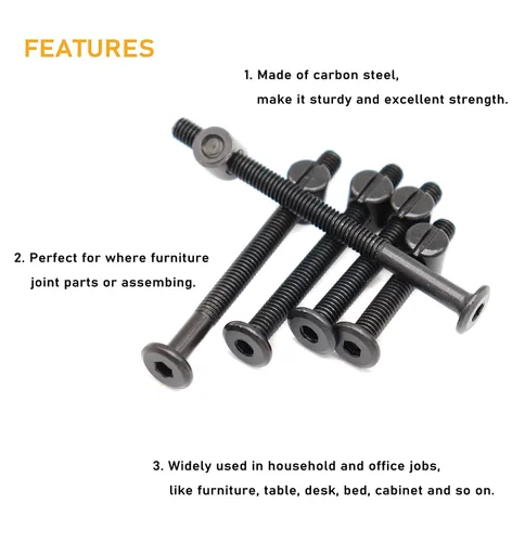Vista 4 de Kit de tornillos de cuna M6, perno de conector plano negro para muebles con tuercas de barril para marcos de cama, 0.787 in - 3.150 in (5 tamaños)