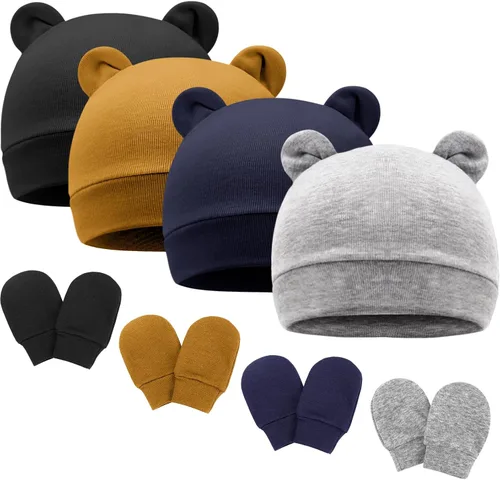 Vista 11 de Conjunto de gorro y mitones para recién nacidos con orejas de oso, gorro para bebé, gorro de hospital para bebé niño o niña, de 0 a 3 meses 4