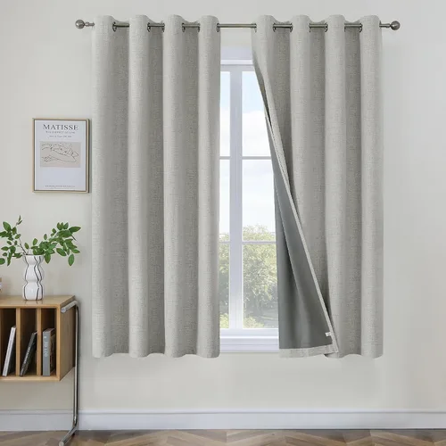 Vista 13 de Joydeco Cortinas negras 100% opacas para dormitorio, oscurecimiento de habitación, aislamiento térmico, cortinas cortas texturizadas con ojales