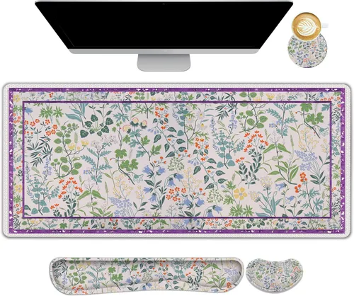Vista 9 de DINKY Alfombrilla de escritorio con diseño de flor negra, alfombrilla grande para mouse con reposamuñecas, 4 en 1 XXL, reposamuñecas para teclado