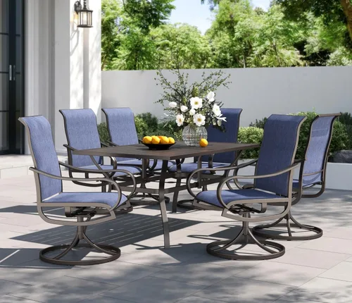 Vista 23 de PHI VILLA Juego de comedor de 5 piezas para patio al aire libre con sillas giratorias (azul) y mesa de comedor de acero de metal de 37 x 37 pulgadas