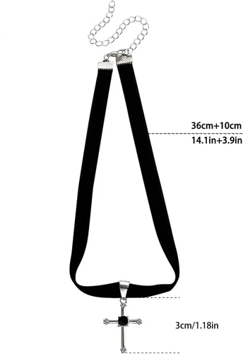 Vista 6 de TseanYi Gargantilla de terciopelo negro con colgante de cruz plateada, collar de terciopelo con cruz gótica, collar corto de ante crucifijo, collar