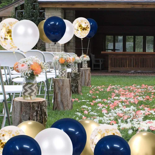 Vista 8 de Globos de confeti azul marino y dorados, 50 unidades de 12 pulgadas, globos de cumpleaños de perla blanca y dorados metálicos cromados