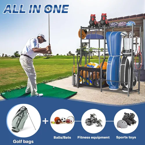 Vista 8 de Heavy Duty Garage Sports Equipment Organizer, All-in-One Golf Bag Storage Rack & Multi-Sport Ball Holder for Basketballs, Bats & Kids Toys