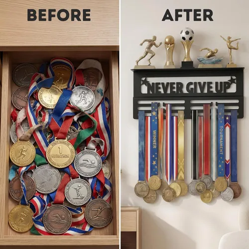 Vista 7 de Colgador de medallas AGATHOS HOME con estante para trofeos - Estante de premios de metal para paredes con capacidad para 64+ medallas deportivas