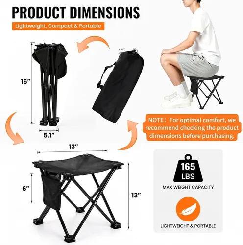 Vista 3 de Cididu Paquete de 2 taburetes de campamento, silla de camping compacta de 13 pulgadas, asiento plegable ligero con bolsillo lateral y bolsa