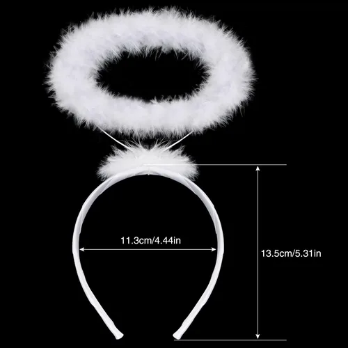 Vista 2 de LIYDE Diadema con halo de ángel, diadema de ángel de plumas, diadema blanca con halo para el cabello, suministros de fiesta de disfraces