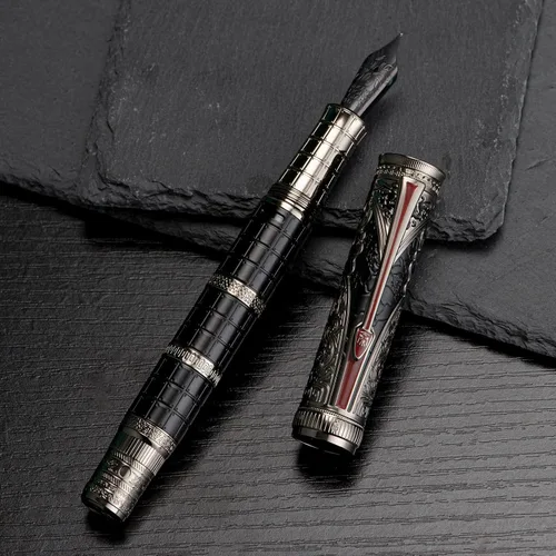 Vista 3 de Hongdian D5X - Pluma estilográfica de color negro, punta mediana, dinastía Qin, retro, tótem chino, grabado, pluma de escritura suave