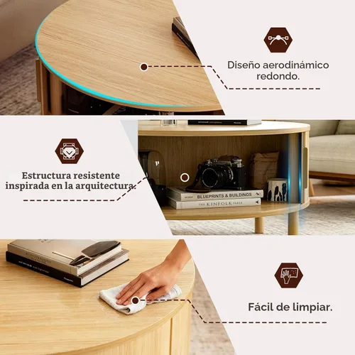 Vista 5 de ZttRiee Mesa auxiliar para sala de estar, moderna mesa de centro redonda con armarios y puertas correderas, espacio pequeño para el hogar, mesa