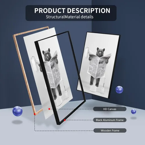 Vista 3 de XMJJQQ Lienzo enmarcado divertido de oso para pared, pintura de lindo oso blanco y negro en el inodoro, imagen de animales salvajes, decoración