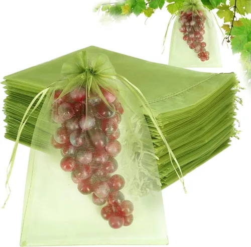 Vista 6 de 100 piezas de bolsas de protección de frutas 15x23 cm, bolsas de cobertura de malla verde con cordón, protectores de frutas de malla, barrera contra