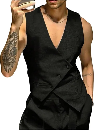 Vista 4 de GORGLITTER Chaleco de traje para hombre, chaqueta de corte ajustado Negro