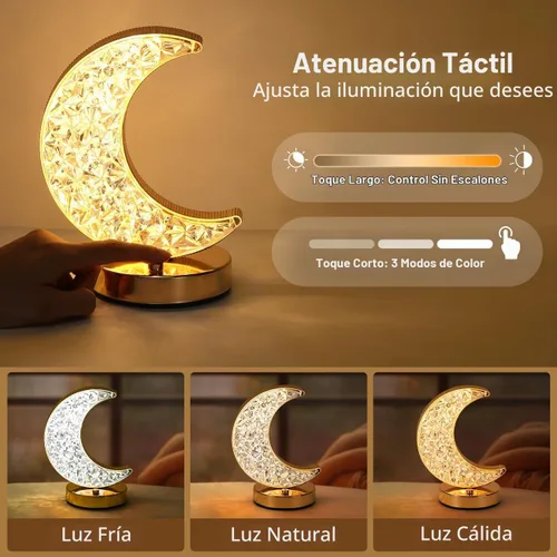 Vista 3 de Lewondr Ramadan Crescent Moon Table Lamp, 3 Way Dimmable Touch Lamp, Gold