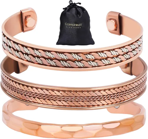 Vista 10 de Pulseras de cobre para hombres y mujeres Juego de 3 con caja de regalo Hecho a mano 100% cobre Regalo para mujeres y hombres