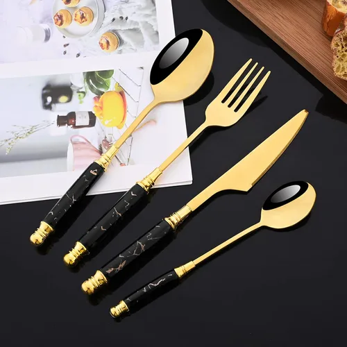 Vista 9 de JASHII Fancy Silverware - Juego de cubiertos de acero inoxidable dorado, juego de cubiertos de espejo, cuchillo y tenedor, cuchara, cucharadita