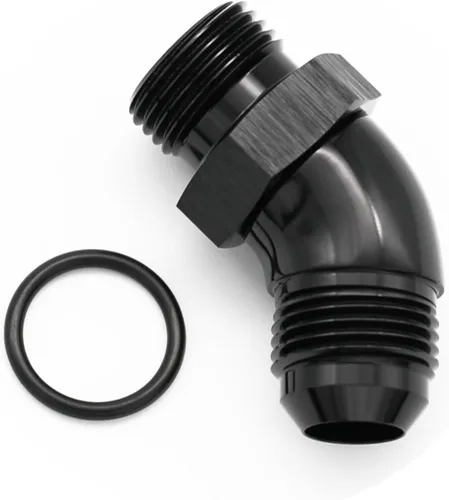 Vista 2 de 45 grados 4AN macho Flare a 4AN ORB puerto adaptador de flujo completo aluminio negro