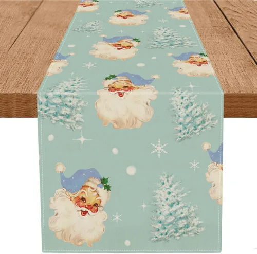 Vista 9 de Camino de mesa de Navidad Papá Noel Árbol de Navidad Copo de nieve rosa, caminos largos para invierno, Navidad, decoración para el hogar, cocina