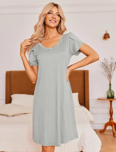 Vista 2 de Ekouaer Camisón de manga corta para mujer, cuello en V, camisón de enfermería, mangas de pétalo, vestido de camiseta S-XXL