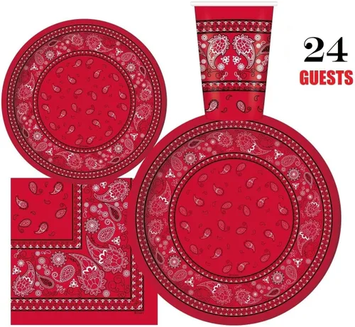 Vista 8 de Oojami Sirve 24 – Bandana roja suministros para fiesta occidental – Paquete completo de fiesta con platos llanos de 9 pulgadas, platos de postre