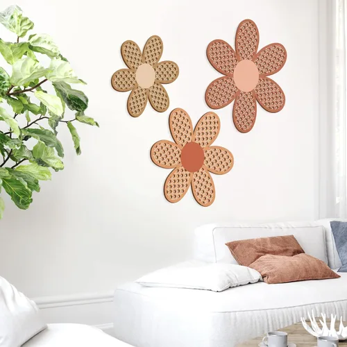 Vista 7 de Maitys 3 piezas de decoración de pared de margaritas bohemias, flores de ratán natural, arte bohemio de madera, flores de guardería, decoración