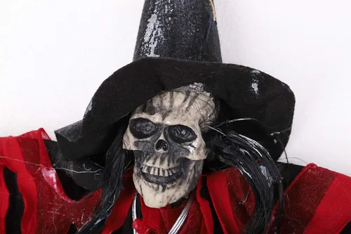 Vista 6 de JIAHG Decoraciones de Halloween, esqueleto colgante animado fantasma con ojos rojos brillantes activados por sonido de voz aterradora fiesta