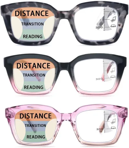 Vista 5 de HIYANJN 3 Pack Progressive Multifocal Reading Glasses for Women Men Square style Blue Light Blocking Spring Hinger Readers