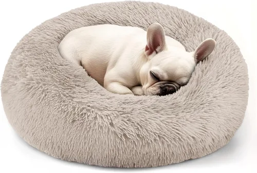 Vista 12 de Hoewina - Cama redonda, calmante, en forma de rosquilla, lavable, esponjosa para interiores, perros y gatos pequeños y medianos, negro, 20 pulgadas