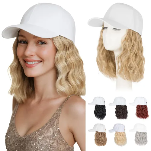 Vista 16 de Hairro Peluca de gorra de béisbol con cabello adjunto, corto estilo Bob ajustable, extensiones de cabello sintético para mujeres, balayage