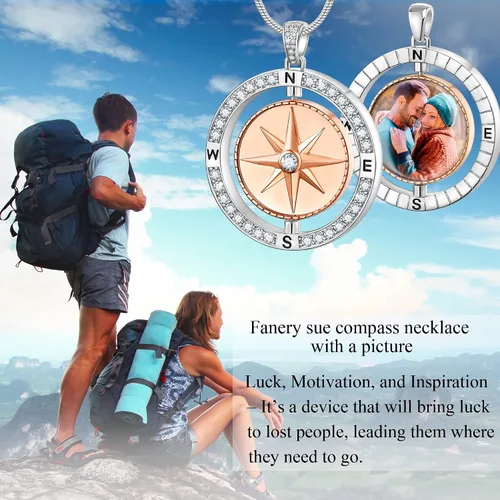Vista 2 de Fanery Sue Collar de brújula personalizado para mujeres y hombres, collar personalizado con foto colgante con imágenes de memoria, regalos
